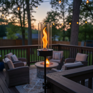 Outdoor patio setting with a lit fire pit and decorative flame torch on a wooden deck.