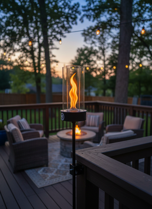 Outdoor oil tiki torch with a tall vertical flame, clear glass wind guard, and metal pole secured to a rail-mounted bracket, designed for modern patio, deck, and outdoor living spaces.
