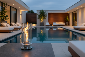 Modern outdoor setting with a pool, lounge chairs, and a lit fire pit.