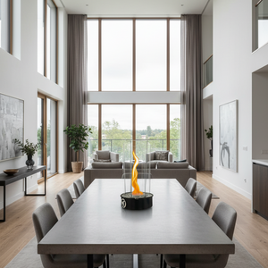 Modern dining room with large windows, gray furniture, and a fire pit table.