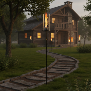 Pathway leading to a wooden cabin with decorative outdoor lights.