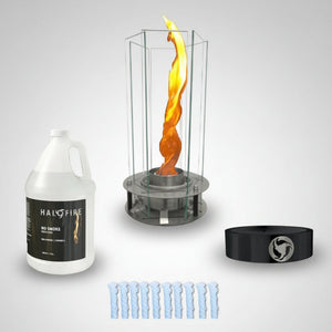 Outdoor fire pit kit with fuel container, fire pit, and accessories on a white background