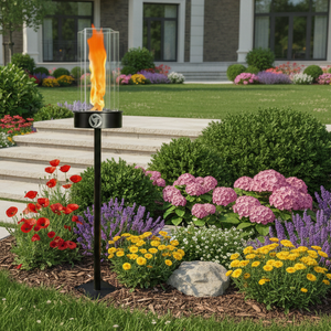 Garden scene with a lit outdoor torch surrounded by flowers and plants.