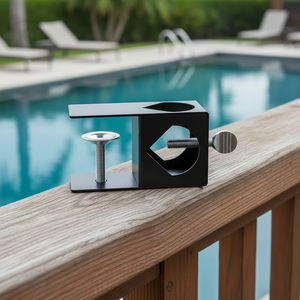 Metal bracket on a wooden deck with a pool in the background