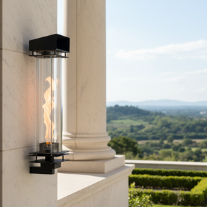 Wall-mounted outdoor fireplace with scenic view of greenery and sky