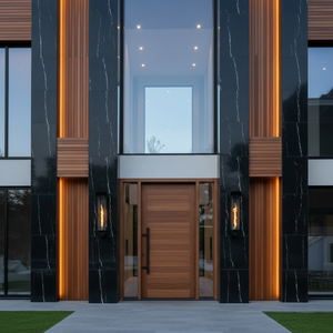 Modern house entrance with black and wood design
