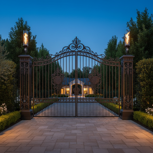 An ornate black wrought-iron estate gate with decorative scrollwork and two lit torch lanterns on the posts, set in a landscaped driveway with hedges and trees at dusk.