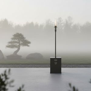 Foggy landscape with a lamp post and tree silhouette
