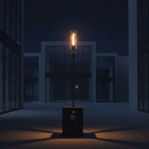 Street lamp with a glowing light bulb in a dark urban setting