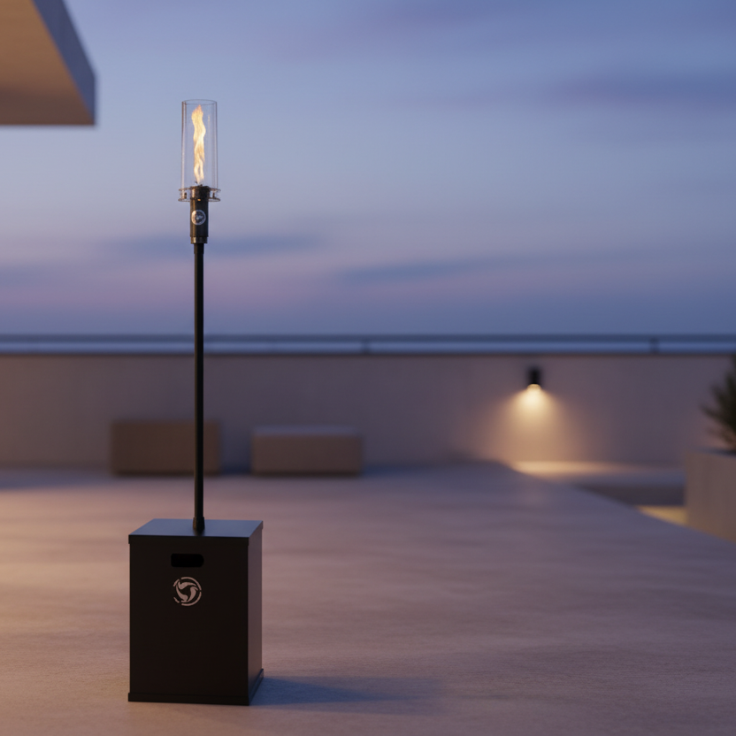 Outdoor propane tiki torch with a tall vertical flame, clear glass wind guard, slim black metal post, and rectangular slipcover base that conceals the propane tank, designed for modern patio, garden, and landscape lighting.
