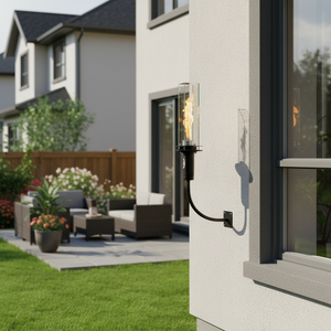 Outdoor wall-mounted vortex fire torch with patio and house in the background