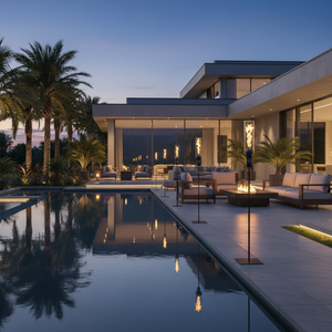 Modern outdoor living area with pool, fire pit, and palm trees at dusk.