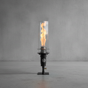 Hollywood Series Vortek post mount fire feature designed for column and post installations, featuring a tall vortex flame and clear glass wind guard for luxury outdoor patios and commercial landscapes