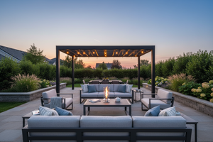 Modern outdoor fireplace with flames on a concrete surface and gray background