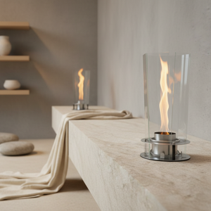 Modern outdoor fireplace with flames on a concrete surface and gray background