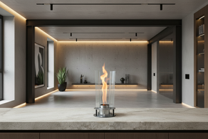 Modern outdoor fireplace with flames on a concrete surface and gray background