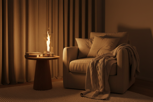 Modern outdoor fireplace with flames on a concrete surface and gray background