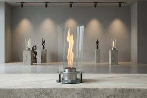 Modern outdoor fireplace with flames on a concrete surface and gray background