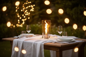 Modern outdoor fireplace with flames on a concrete surface and gray background
