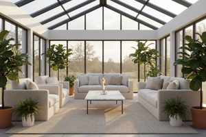 Modern outdoor fireplace with flames on a concrete surface and gray background