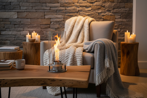 Modern outdoor fireplace with flames on a concrete surface and gray background