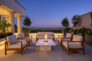 Modern outdoor fireplace with flames on a concrete surface and gray background