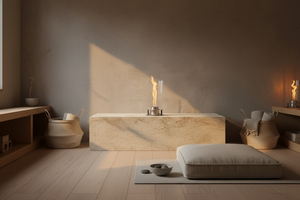 Modern outdoor fireplace with flames on a concrete surface and gray background