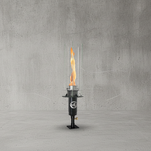 Post mounted vortex fire torch for column and pillar installations, featuring a tall vortex flame, clear glass wind guard, and black powder-coated body, compatible with natural gas or propane for luxury outdoor patios and commercial landscapes