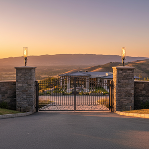 Post mounted vortex fire torch for column and pillar installations, featuring a tall vortex flame, clear glass wind guard, and black powder-coated body, compatible with natural gas or propane for luxury outdoor patios and commercial landscapes